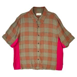 Wales Bonner Khaki Green & Orange Check Plaid Loose Fit Short Sleeve Shirt sz 52